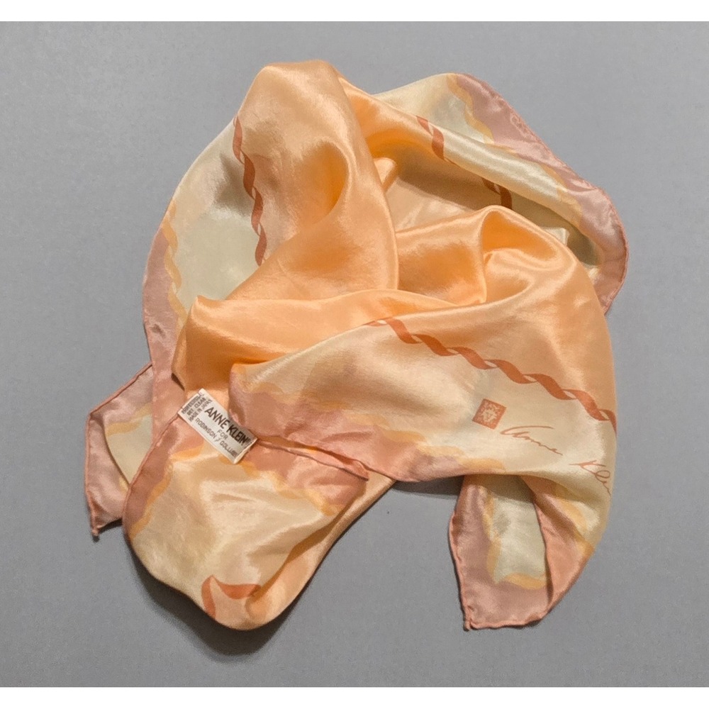 Anne Klein Silk Scarf Peach Cream Wavy Border Square‎ Made in Japan